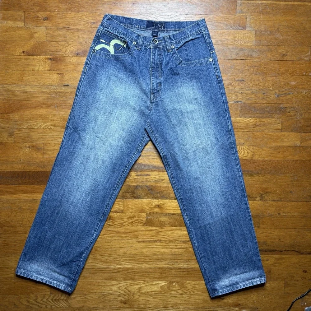 Delf Trading Jeans Men's 34x32 Y2K Wide Leg Grunge Evisu Style Denim Embroidered